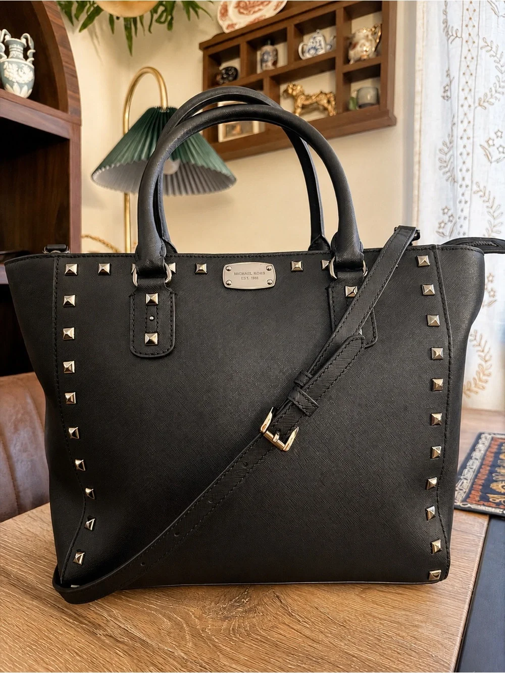 Michael Kors Black Tote Saffiano Studde Leather Satchel with Gold Hardware
